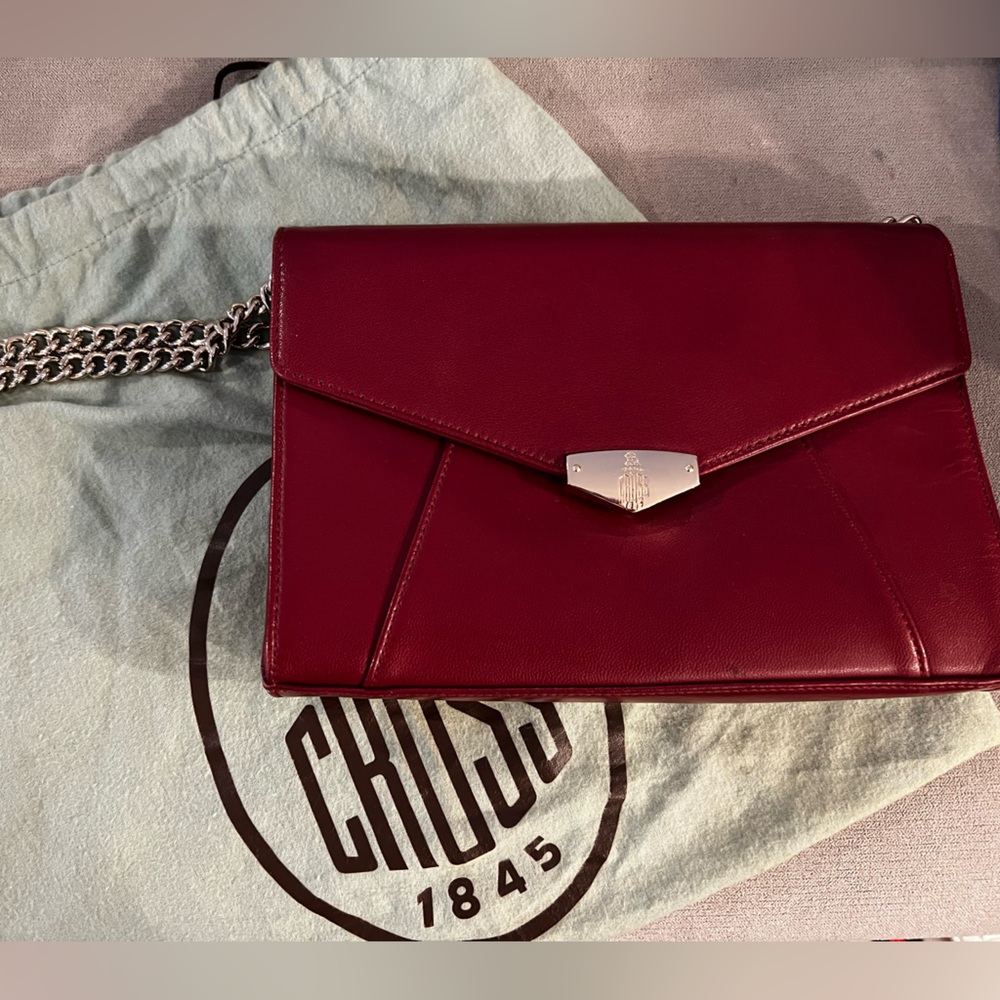 Mark Cross Designer Red Leather Purse with Silver Chain Detail
